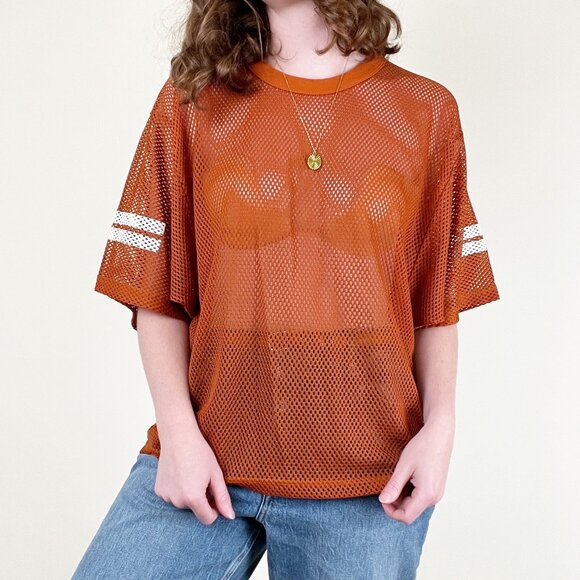 Vintage 1970s Football Jersey Mesh Semi Sheer Oversized Boyfriend T-Shirt Sporty - Picture 1 of 9